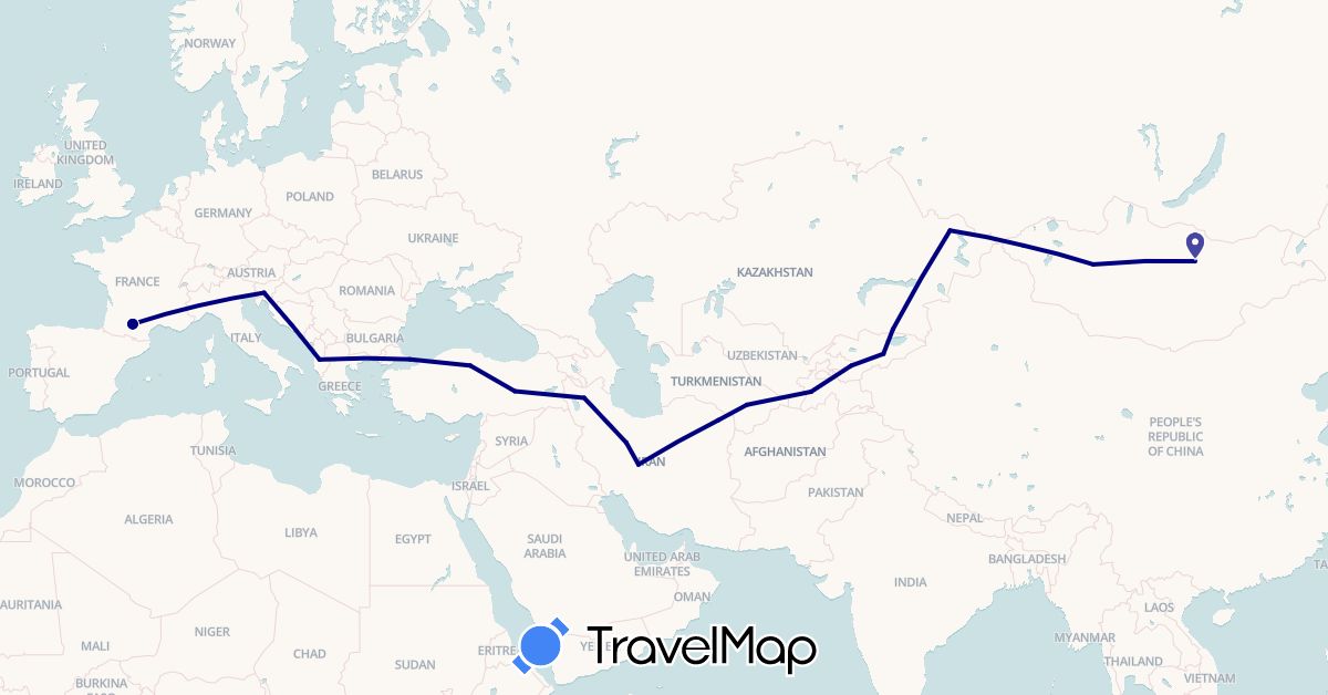 TravelMap itinerary: driving in Albania, France, Iran, Kyrgyzstan, Kazakhstan, Mongolia, Slovenia, Tajikistan, Turkmenistan, Turkey (Asia, Europe)